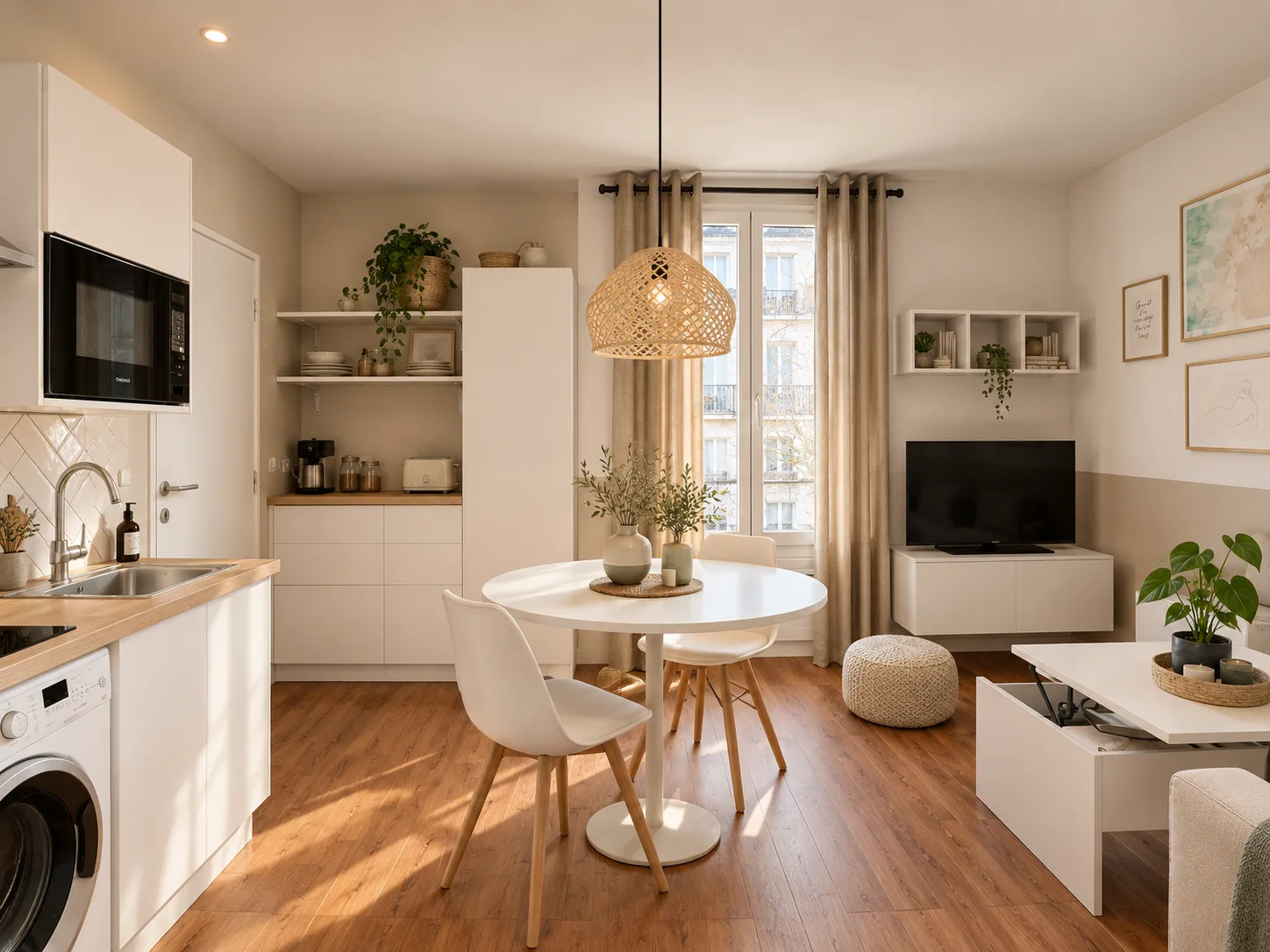 Coin repas devant la fenêtre et meuble TV dans un petit espace – Breathome