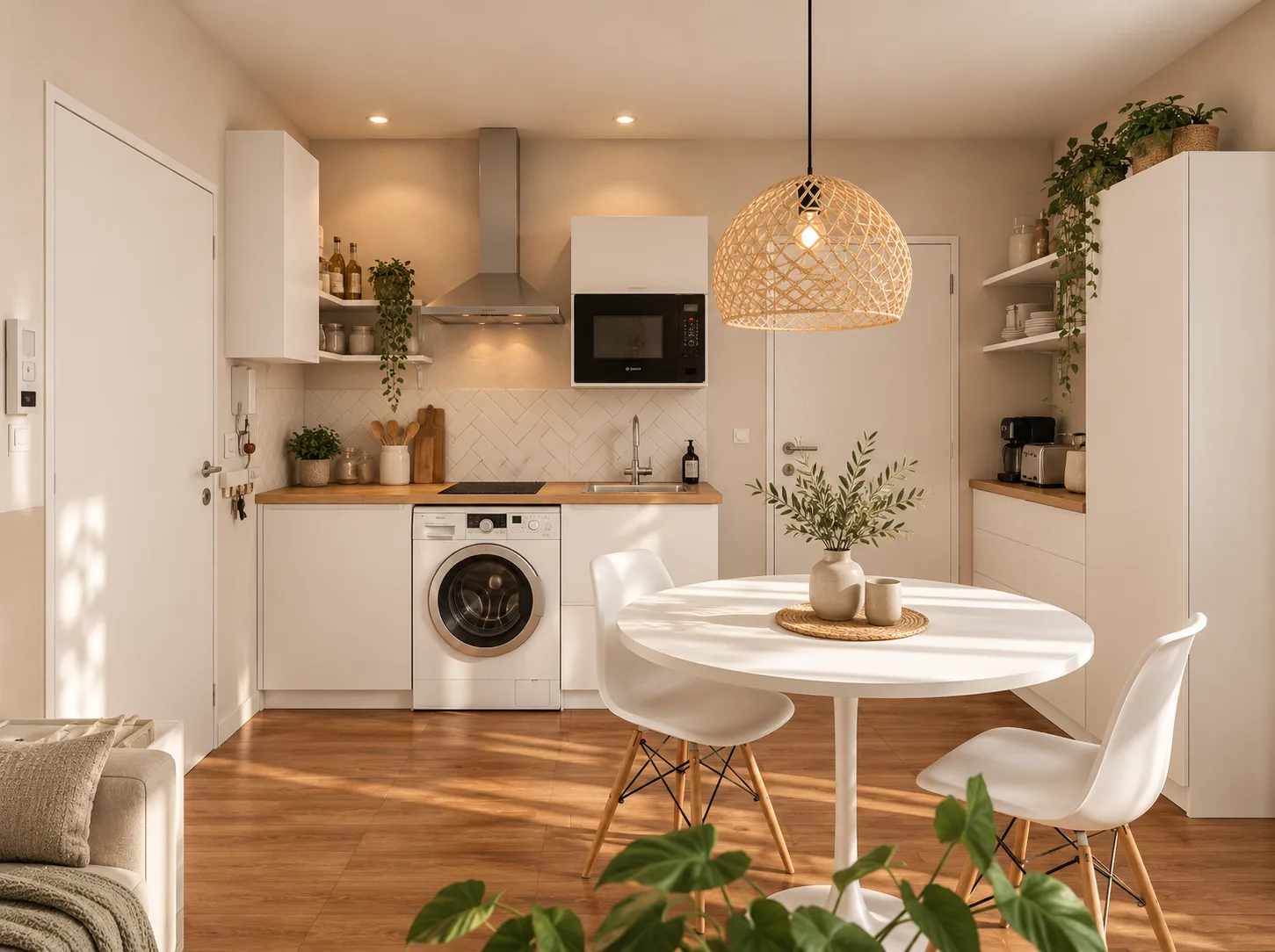 Cuisine de studio optimisée avec coin repas et suspension en rotin – Breathome