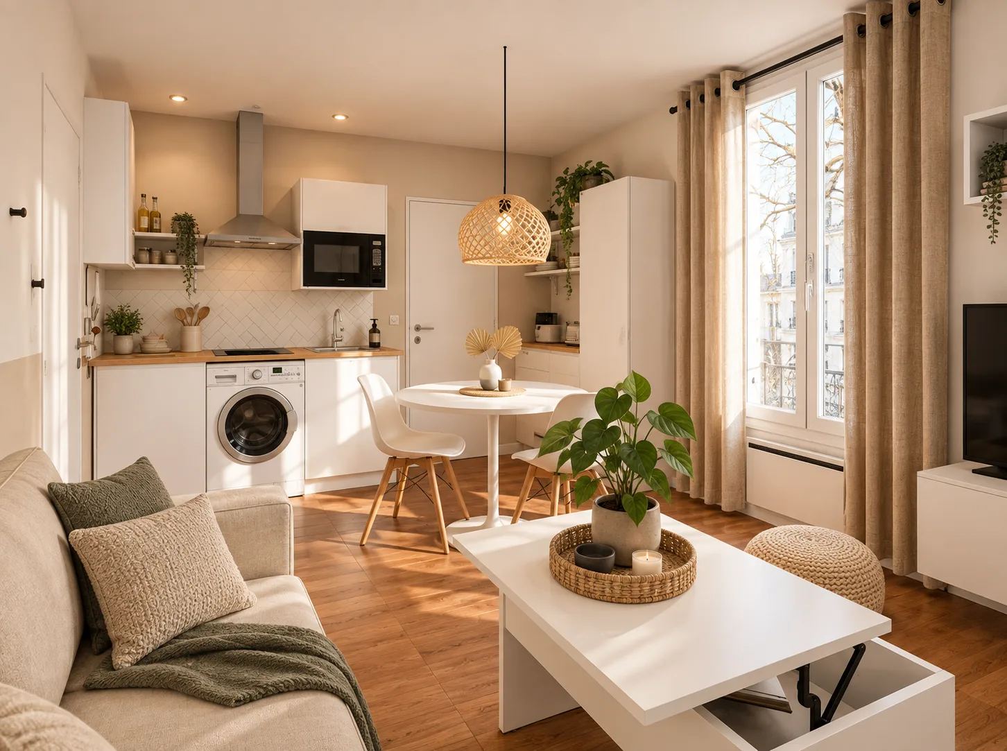Aménagement d'un studio : salon et cuisine ouverte, décoration Breathome