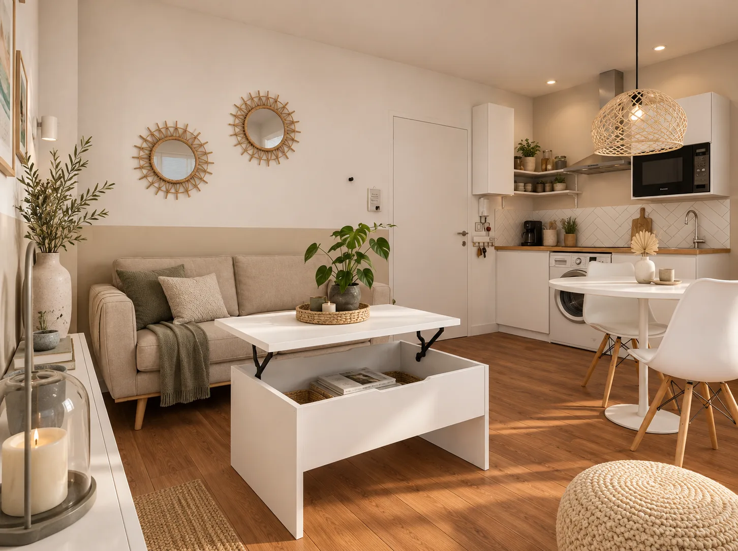 Salon de studio avec canapé, miroirs en rotin et table basse relevable – Breathome