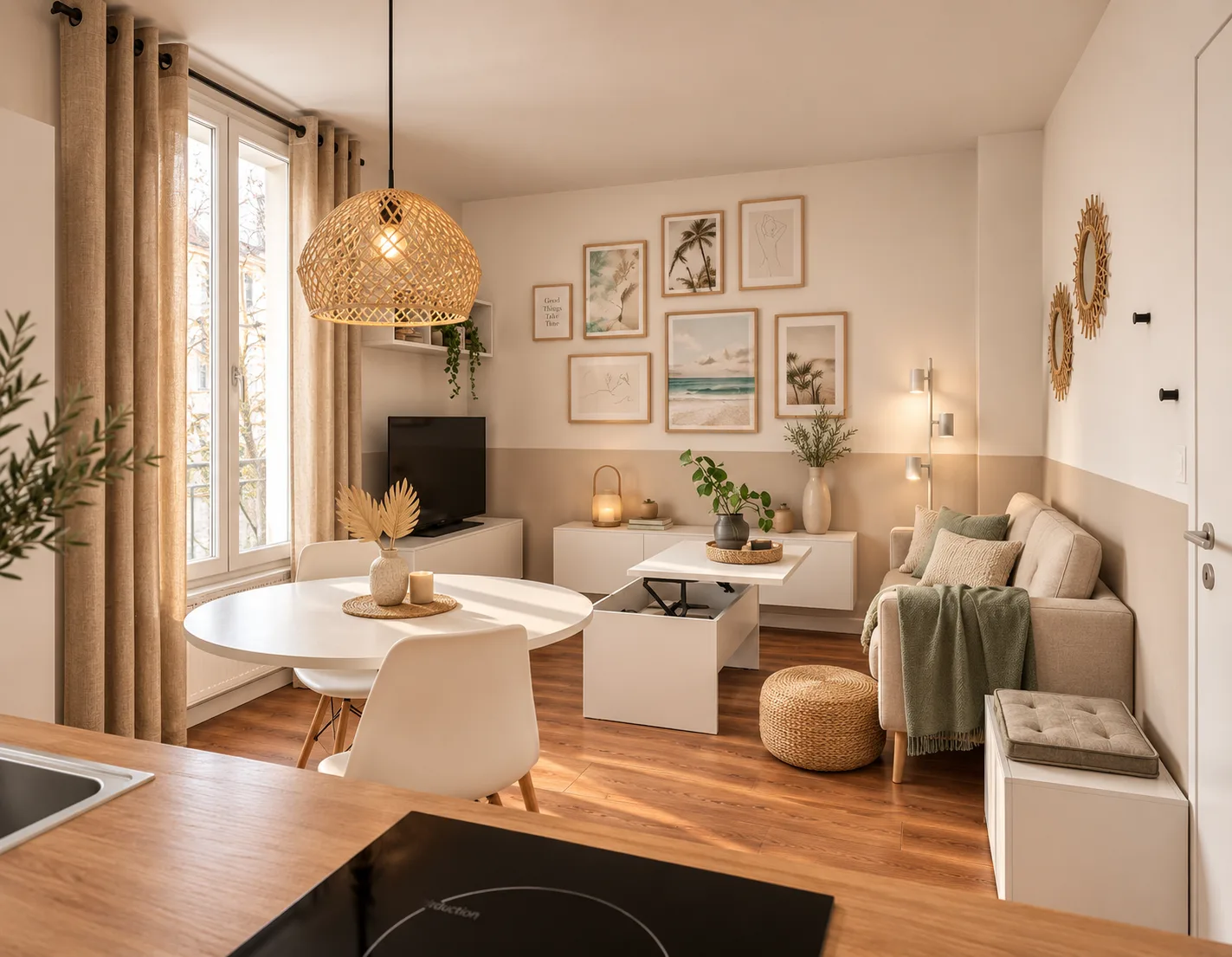 Vue du salon depuis la cuisine d'un studio aménagé par Breathome